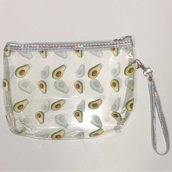 NEW - Clear Avocado Print Wristlet / Cosmetic Makeup Bag Case w Hologram Piping - Picture 3 of 3